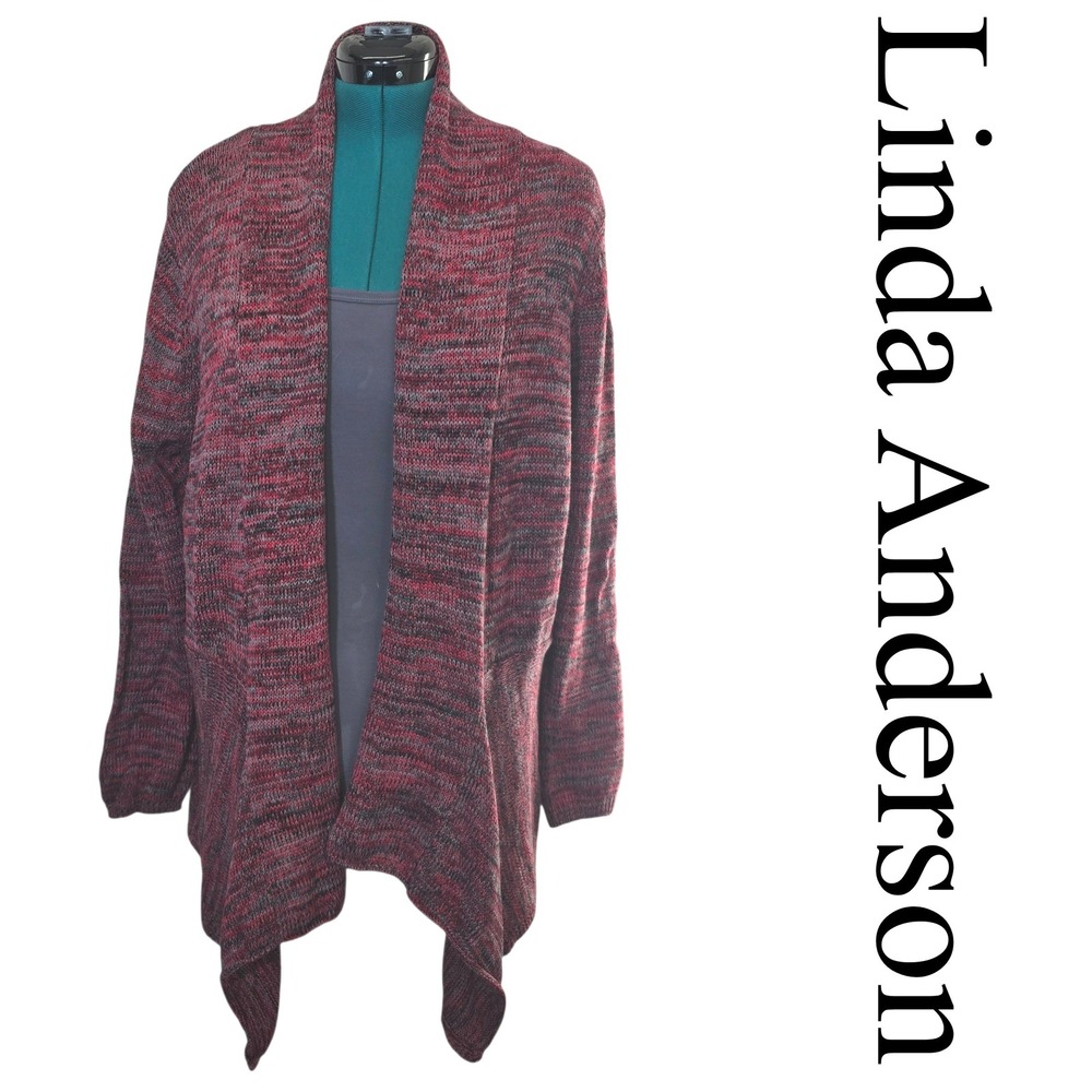 Linda Anderson Red Grey Black‎ Marled Open Front Cardigan Sweater Large